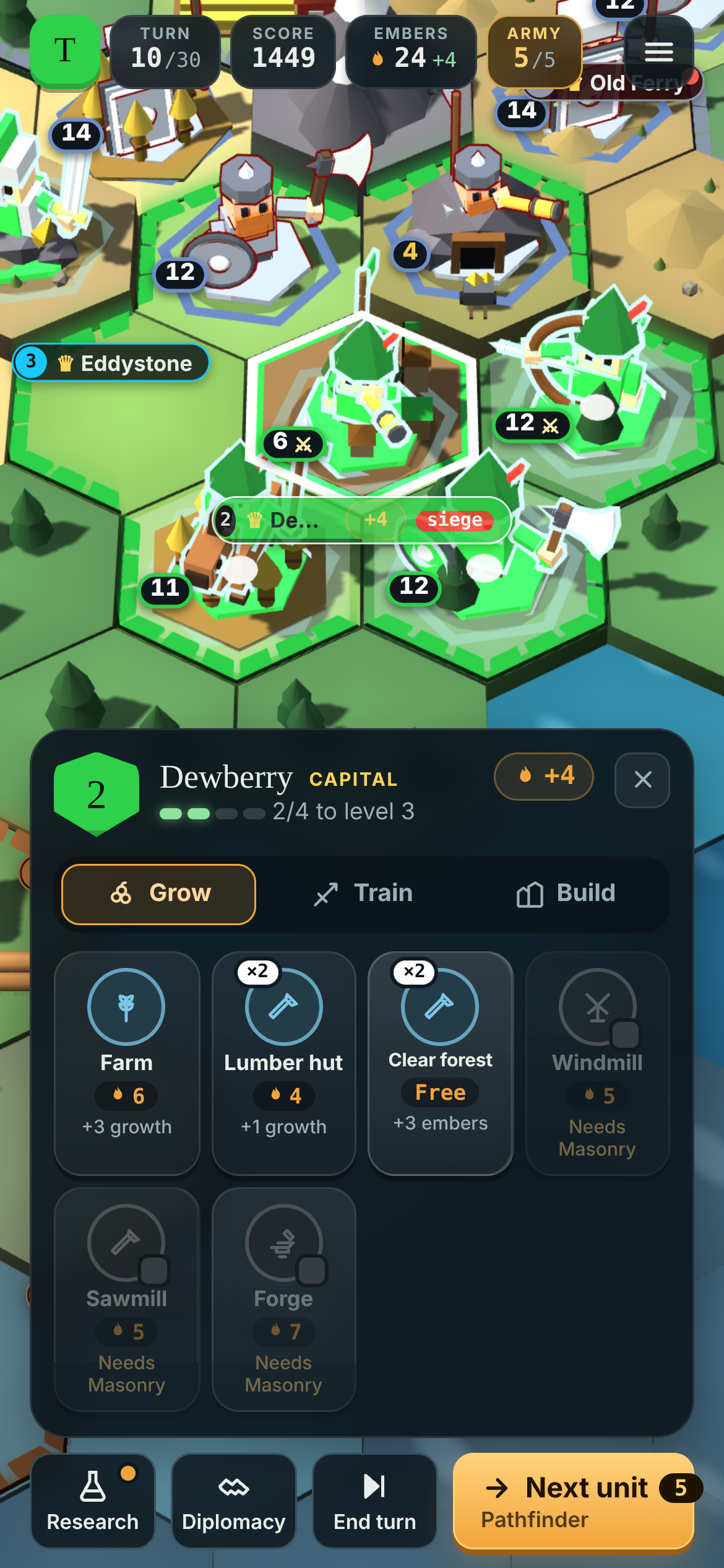 City management with growth, unit training, and building choices.