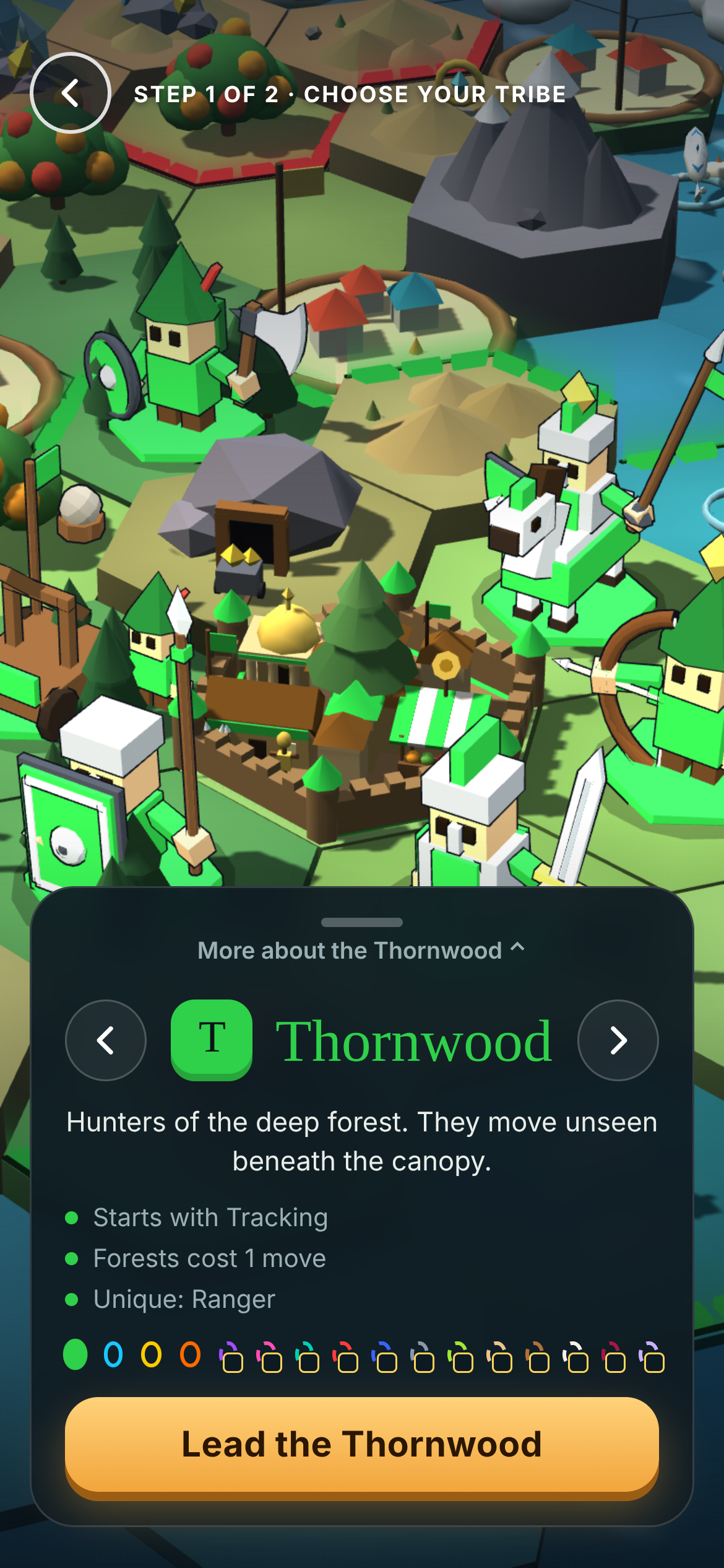 Thornwood tribe selection with forest warriors and the Ranger special unit.
