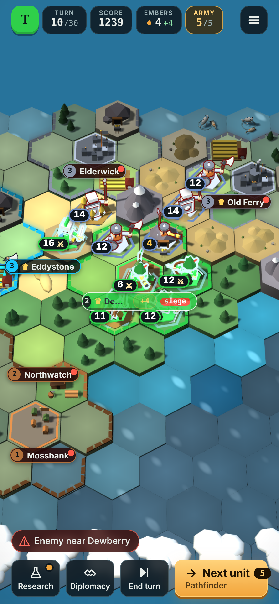 Hex-island map with settlements, armies, rival territory, and turn resources.